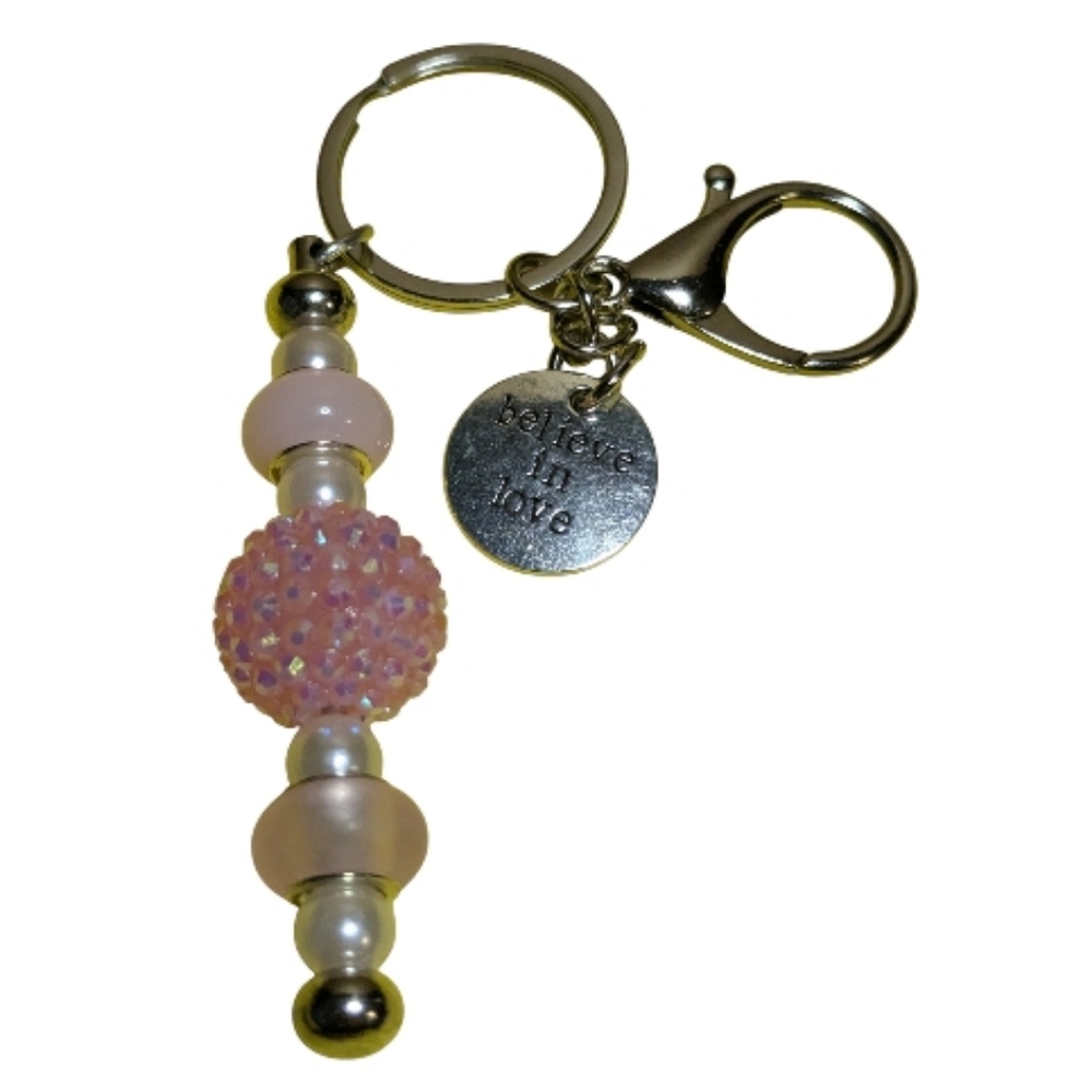 Handmade Beaded Keychain Bag Charm Believe In Love Pink Handcrafted NEW